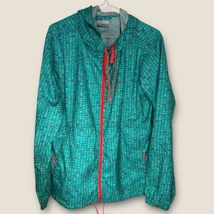 Columbia Sportswear Windbreaker Jacket Turquoise & Neon Orange w/ Pattern - XL